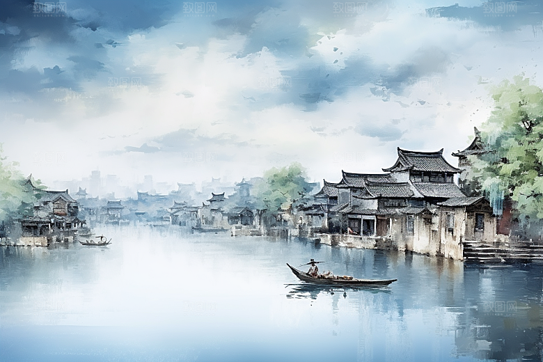 水墨江南晕染小镇插画
