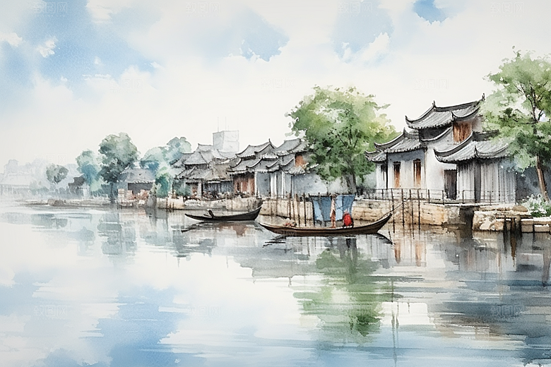 水墨江南粉墙黛瓦中式插画