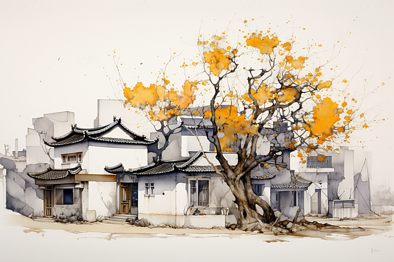 水墨江南晕染粉墙黛瓦插画