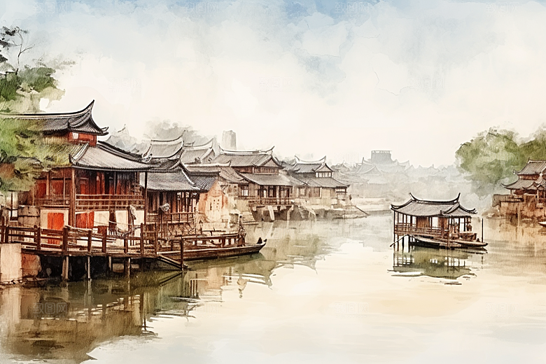 水墨江南中式水乡插画