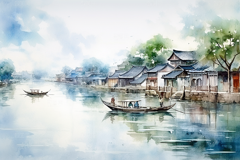 水墨江南中国风小桥流水插画
