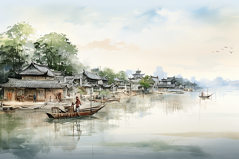 水墨江南粉墙黛瓦小桥流水插画