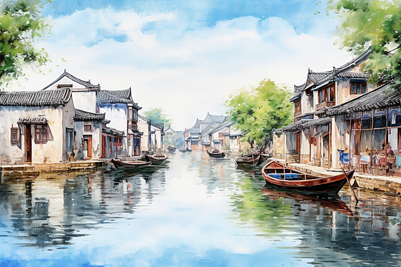 水墨江南粉墙黛瓦中国风插画