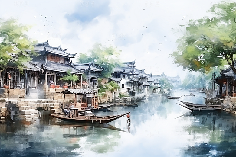 水墨江南晕染小桥流水插画