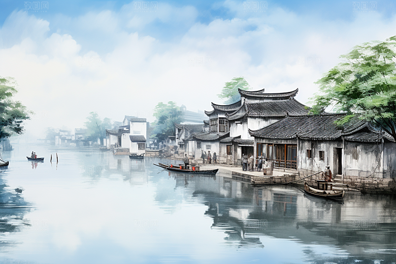 水墨江南中国风晕染插画