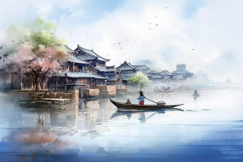 水墨江南小镇小桥流水插画