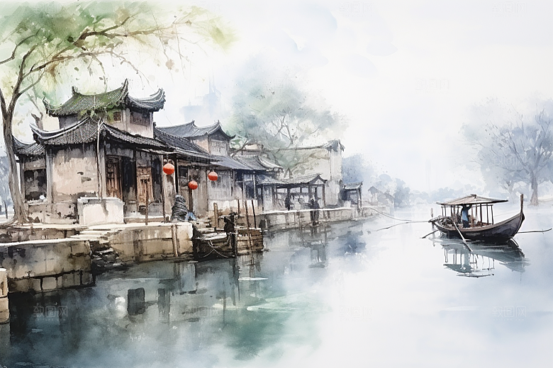 水墨江南小桥流水中式插画