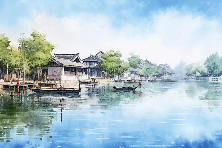 水墨江南粉墙黛瓦水乡插画