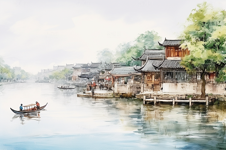 水墨江南水彩晕染插画