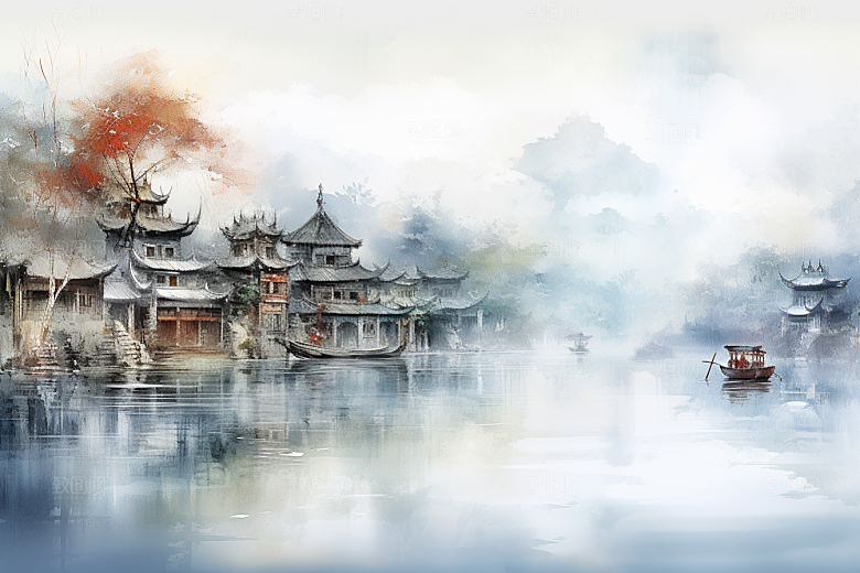 水墨江南小桥流水中式插画