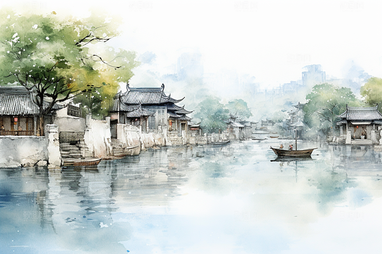 水墨江南中式小桥流水插画