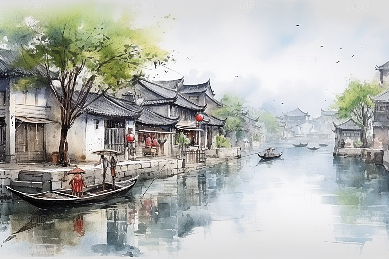 水墨江南手绘水乡插画