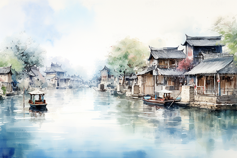 水墨江南晕染水乡插画