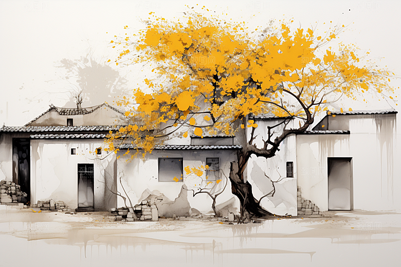 水墨江南小桥流水手绘插画