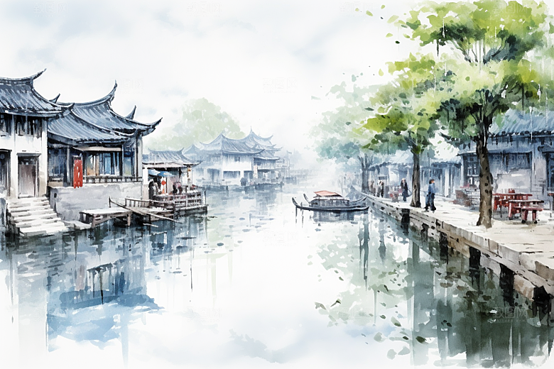 水墨江南水乡小桥流水插画