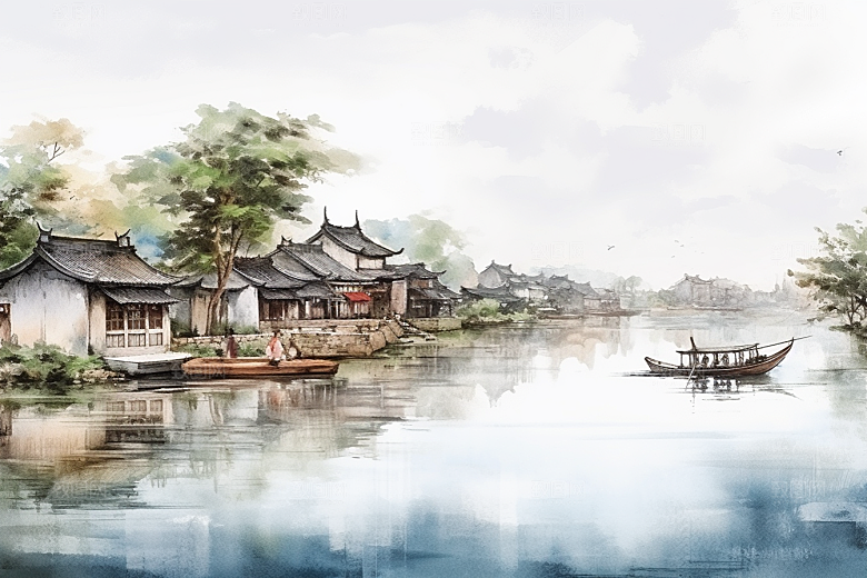水墨江南小桥流水手绘插画