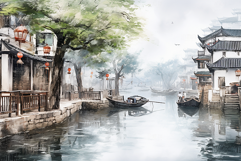 水墨江南中式水彩插画