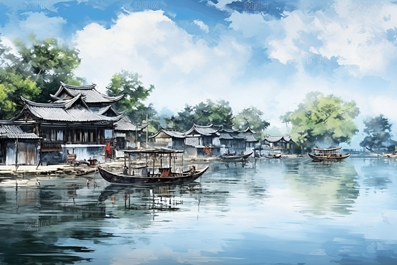 水墨江南手绘晕染插画
