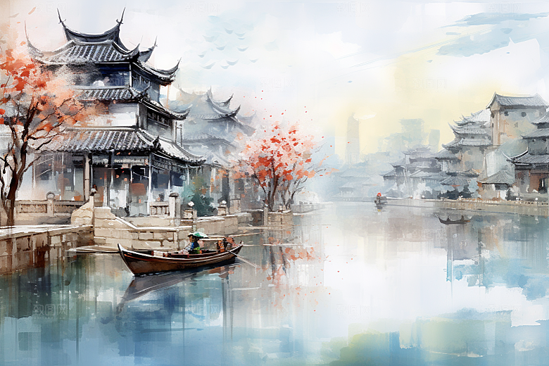 水墨江南小桥流水中国风插画