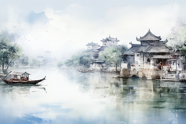 水墨江南中国风粉墙黛瓦插画