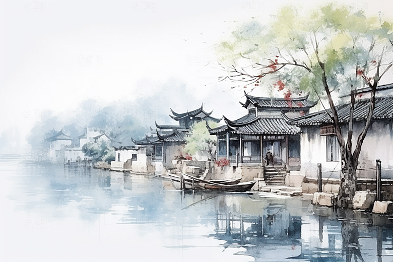 水墨江南粉墙黛瓦水乡插画