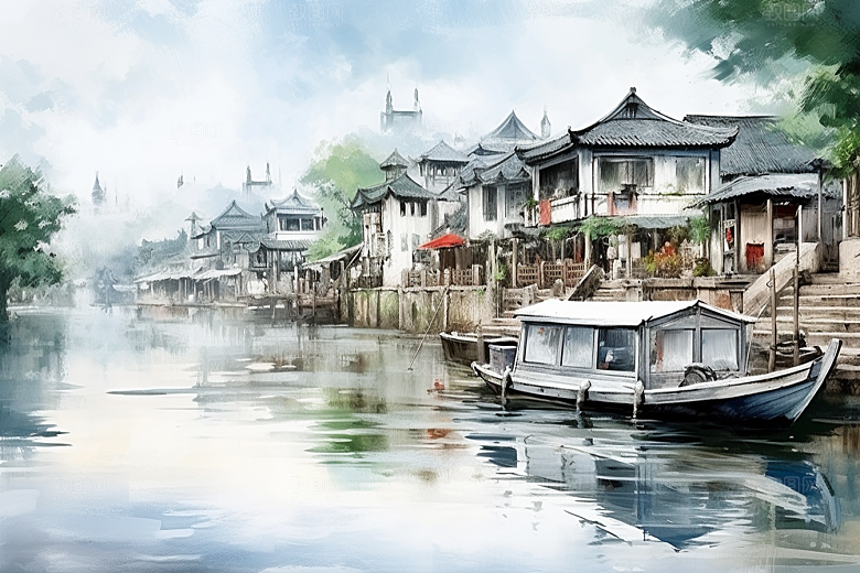 水墨江南小桥流水晕染插画