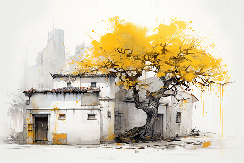 水墨江南手绘小镇插画