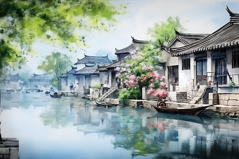 水墨江南小镇晕染插画