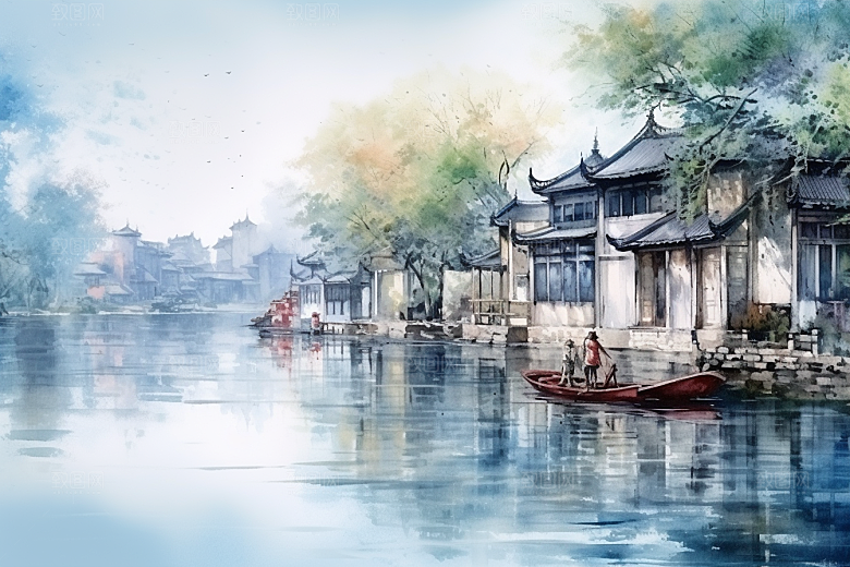 水墨江南小镇晕染插画