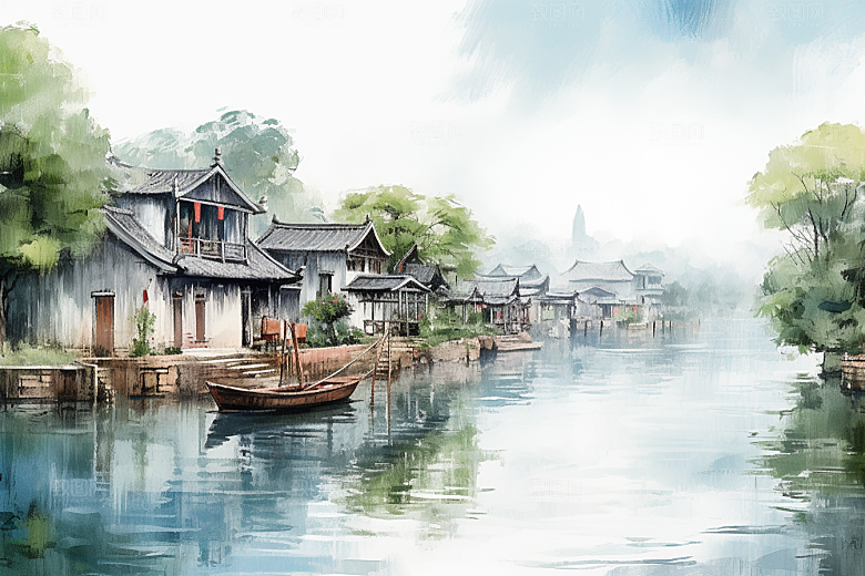 水墨江南小桥流水水乡插画