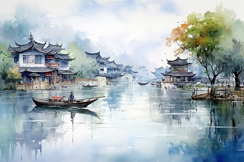 水墨江南中国风晕染插画
