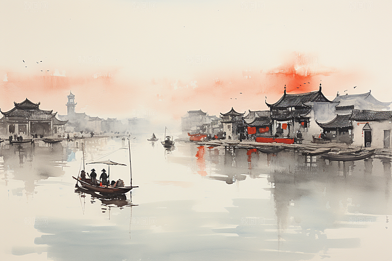 水墨江南小桥流水粉墙黛瓦插画