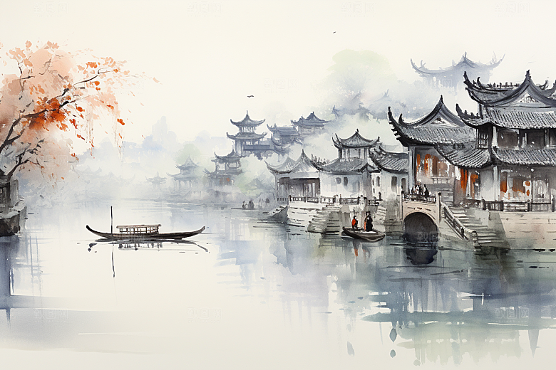 水墨江南晕染小镇插画