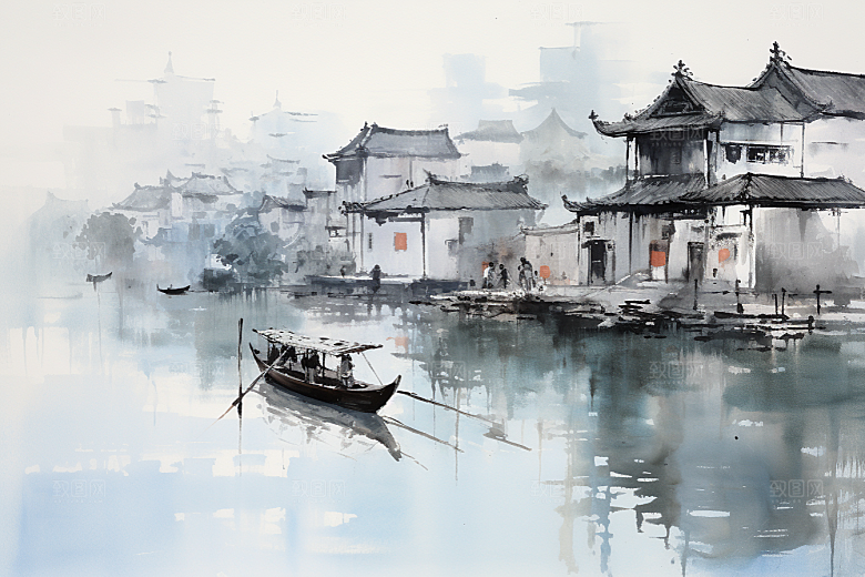 水墨江南小镇晕染插画