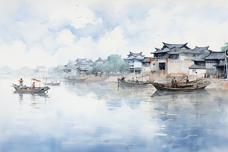 水墨江南小镇晕染插画
