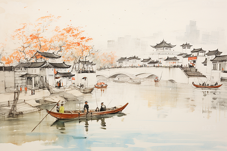 水墨江南小镇中国风插画