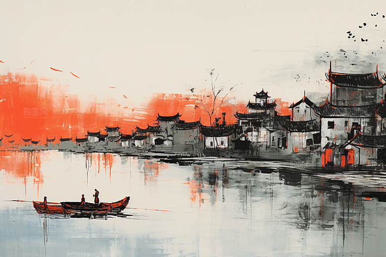 水墨江南水彩水乡插画