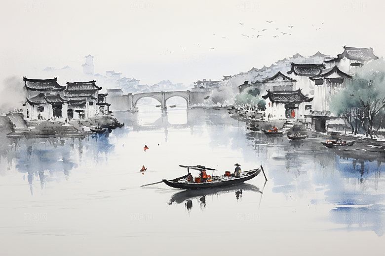 水墨江南粉墙黛瓦中国风插画