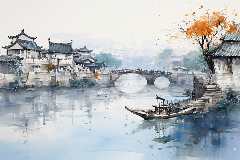 水墨江南手绘水乡插画