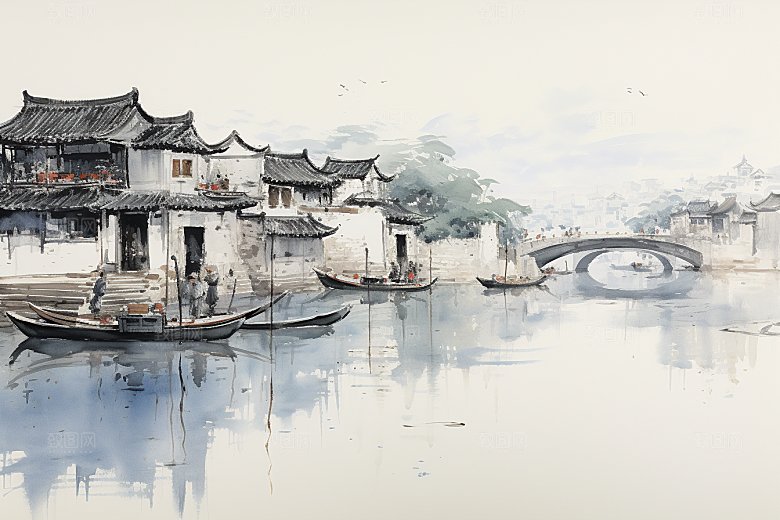 水墨江南小桥流水水彩插画