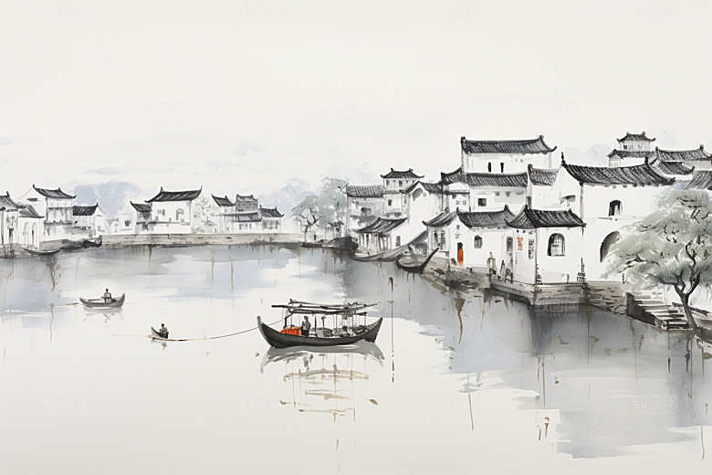 水墨江南手绘小桥流水插画