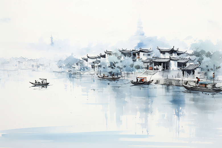 水墨江南中国风水乡插画