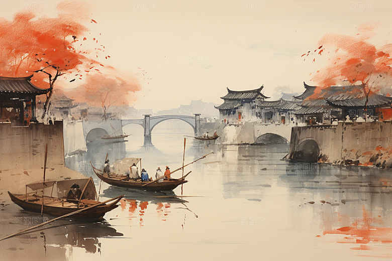 水墨江南小桥流水手绘插画