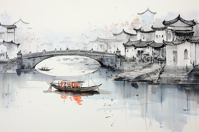 水墨江南中国风水乡插画