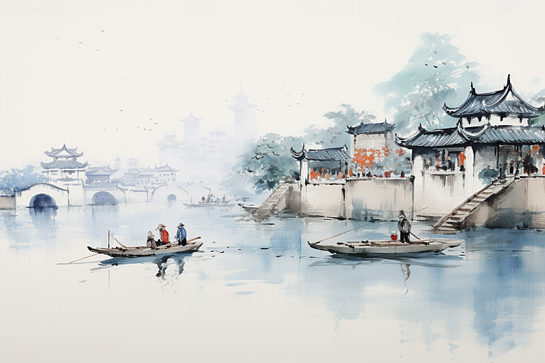 水墨江南水彩手绘插画