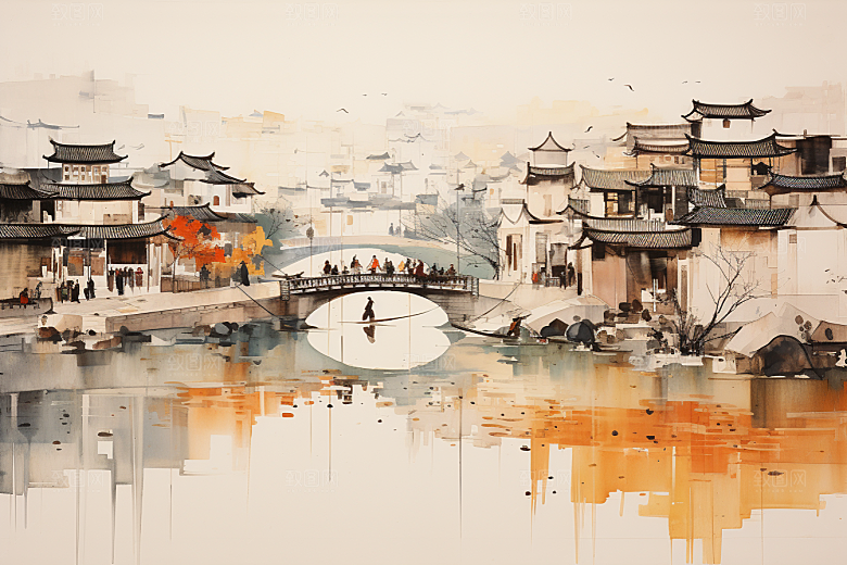 水墨江南水乡粉墙黛瓦插画
