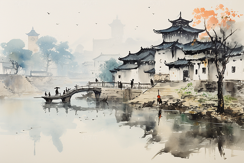 水墨江南水彩中国风插画