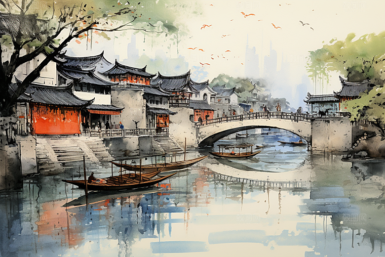 水墨江南中国风粉墙黛瓦插画