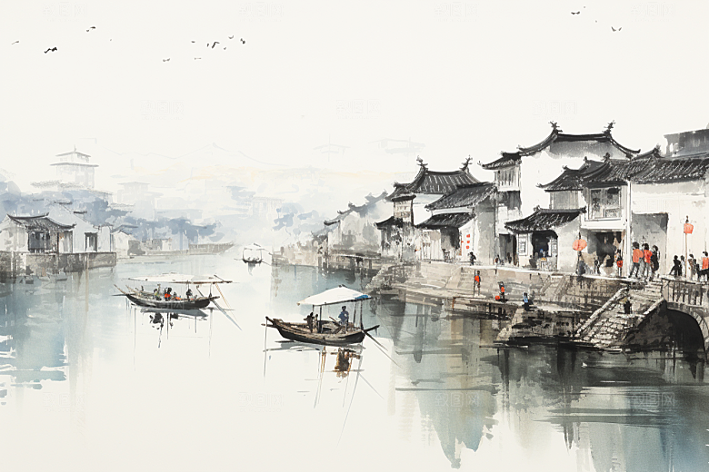水墨江南水彩水乡插画