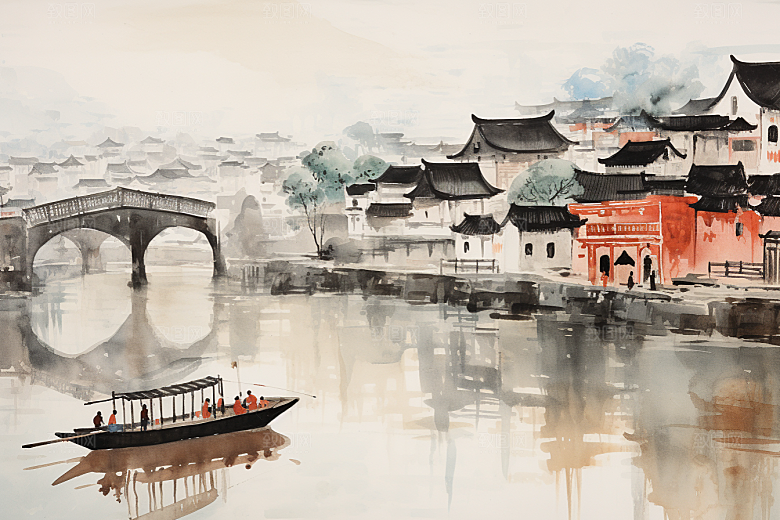 水墨江南中式粉墙黛瓦插画